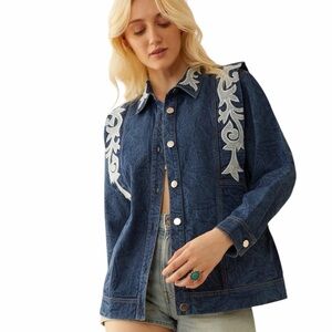 Bohera Brynleigh Embroidered Blue Jean Denim Jacket Pockets NWOT Size Medium